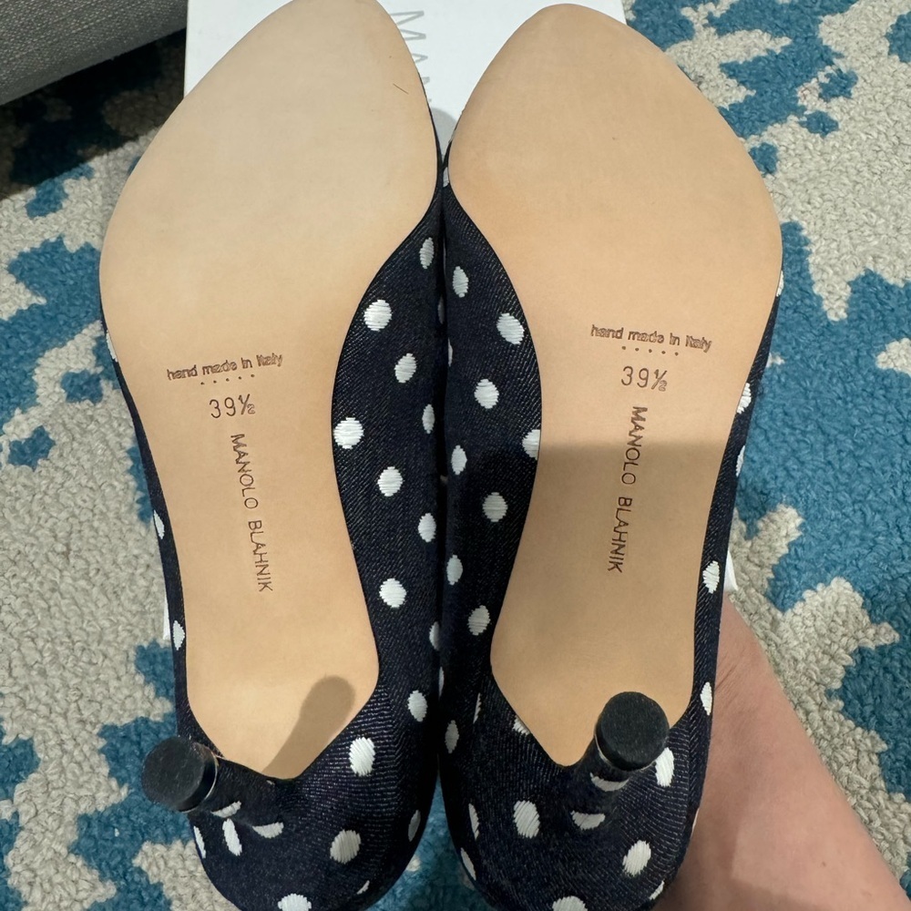 Manolo Blahnik Black and White Polka Dot Heels 70mm Jacquard Jeans Blk - Picture 9 of 10